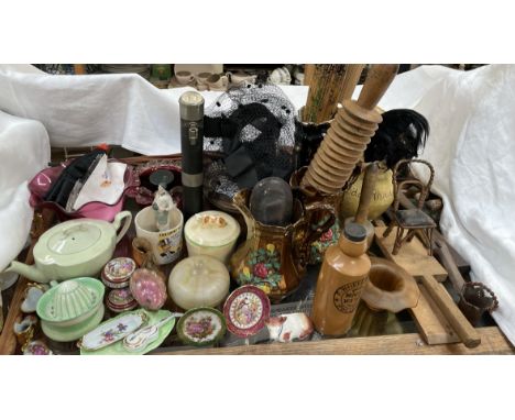 A Ewenny jug, together with butter pats, rolling pin, woodworking plane, copper lustre jugs, Limoges, cranberry glass, paraso