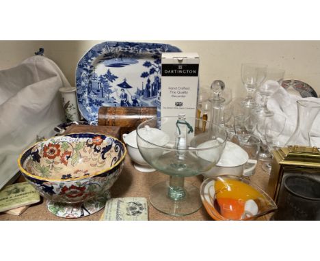 A blue and white pottery meat plate decorated with a queen in a landscape together with a Victorian walnut tea caddy, pottery