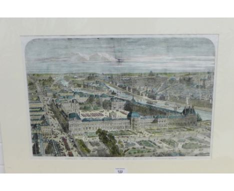 Panoramic View of Paris with the Louvre and Rue de Rivoili completed, an engraved coloured print 53 x 36cm 