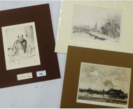 Dutch Scene copper plate etching, and two others to include 'A Winters Landscape' and 'A Scientist by W. Hole', largest 22 x 