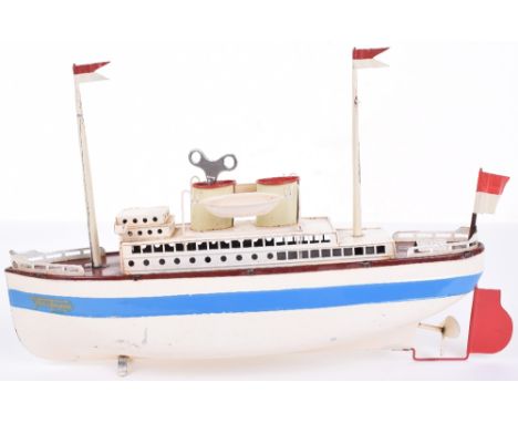 Fleischmann (Germany) Clockwork Tinplate Twin Funnel Liner, off white/blue hull, brown deck, off white superstructure. Two ma