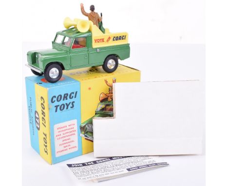  Corgi Toys 472 Land-Rover Public Address Vehicle ‘Vote for Corgi’ green/yellow body, red interior, spun wheel hubs, two figu