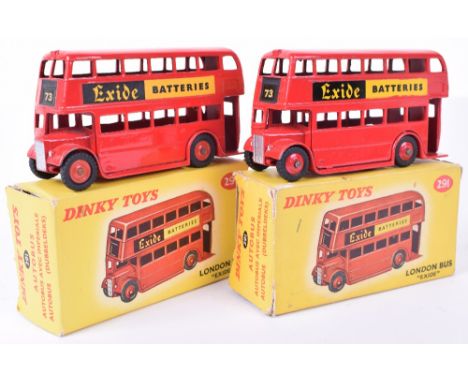 Dinky two boxed 291 London Double decker bus, red, No.73 Exide Batteries advertising, one with ridged hubs other with plastic