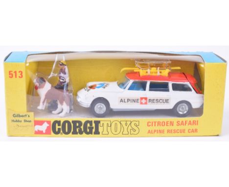 Corgi Toys 513 Citroen Safari Alpine Rescue Car, white body red roof, blue interior, cast wheel hubs, yellow roof rack, yello