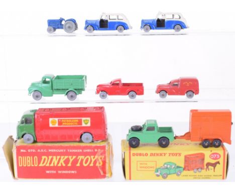 Eight Dublo Dinky Toys, Boxed 070 A.E.C. Mercury Tanker Shell B.P. green/red body, grey plastic wheels, in very good to excel