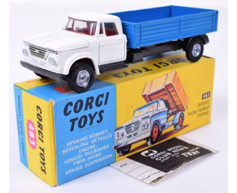 Corgi Toys 483 Dodge Kew Fargo Tipper, white cab, red interior, blue tipper, cast wheel hubs, in mint original condition, Cor