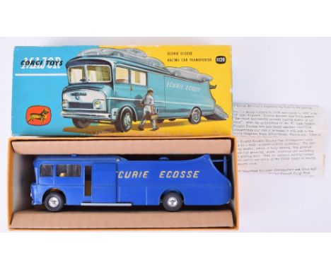 Corgi Major Toys 1126 Ecurie Ecosse Racing Car Transporter, metallic dark blue body, orange lettering, cream interior, spun w