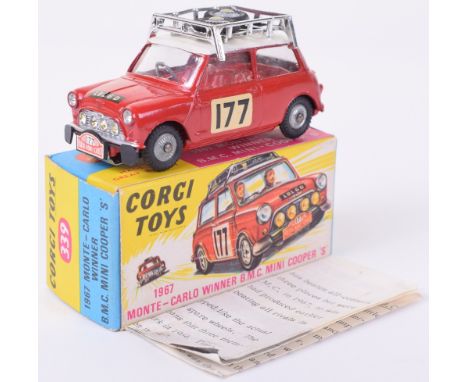Corgi Toys 339 Monte Carlo 1967 Winner B.M.C Mini Cooper S-2nd issue, red body, white roof, red interior, cast wheel hubs, in