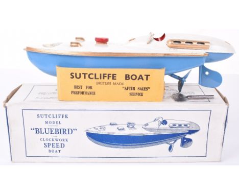 A Sutcliffe Model “Bluebird” Speed Boat, circa 1960, tin plate blue/white body, “Bluebird” decal,with key, in excellent worki