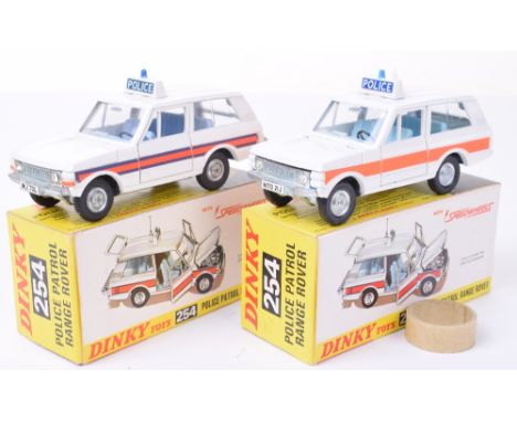 Two Dinky Toys 254 Police Patrol  Range Rover’s, 1st white body, orange stripe, light blue interior, cast wheels, aerial, cas