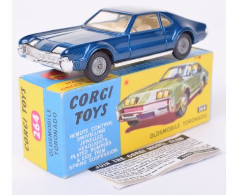 Corgi Toys 264 Oldsmobile Toronado, metallic dark blue body, cream interior, cast wheel hubs, in near mint original condition
