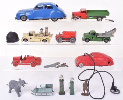  Small Quantity of Tinplate/Diecast Toys, Chad Valley tinplate car, 2 x Cad Valley Wee-kins,  Charbens fire engine, Triang Mi