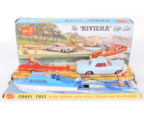 Corgi Toys The ‘Riviera’ Gift Set 31, Buick Riviera, light blue in good condition, some paint chipping, Dolphin Cabin Cruiser