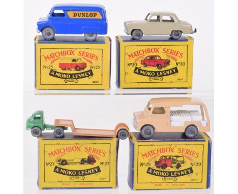 Four boxed Matchbox Moko Lesney models, 25a Bedford Dunlop van, blue, MW, 29a Bedford Milk Delivery van, light brown, MW, 30a