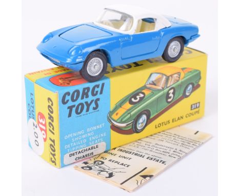 Corgi Toys 319 Lotus Elan Coupe, blue body, white roof, cast wheels, complete with racing No.3 decal sheet, instruction/Corgi