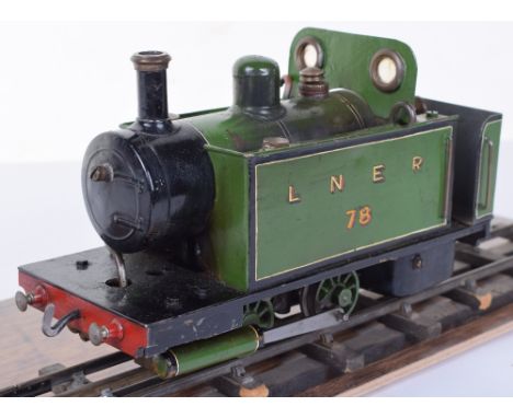 Bowman? 0 gauge live steam 0-4-0 LNER Side Tank engine No.78, narrow gauge type locomotive in green lined livery, in wooden b