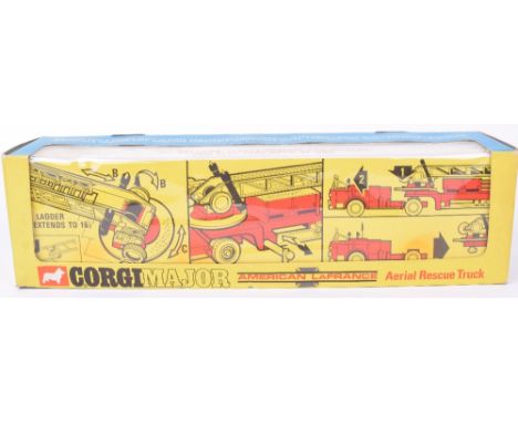 Corgi Major Toys 1143 American LaFrance Aerial Rescue Truck Fire Engine, red/white/yellow, red cast wheel hubs, complete with
