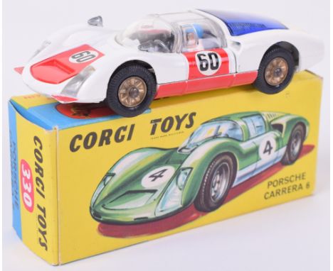 Corgi Toys 330 Porsche Carrera 6, white body, red doors/bonnet, racing no 60, blue engine cover, gilt cast wheels, black inte
