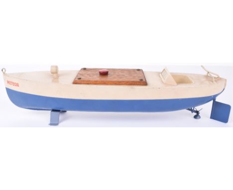 Sutcliffe 16”  Speed Boat “Meteor” circa 1932/33, tin plate blue/white body, in very good to excellent working condition with