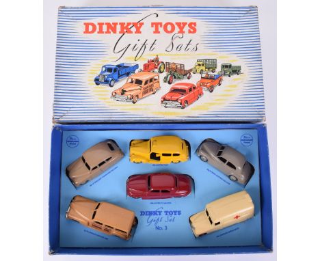 Dinky Toys  Gift Set No.3 Passenger cars, boxed set containing 27f Plymouth Estate car, pale brown,  30h Daimler Ambulance, c