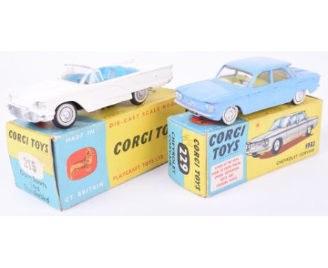 Two Boxed Corgi Toy Cars, 215 Open Sports Ford Thunderbird, white body, blue/silver interior, clear windscreen, white wall ty