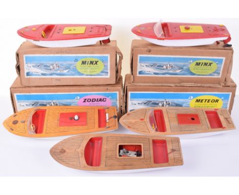 Five Sutcliffe Boats, circa 1960- two boxed Minx clockwork Speedboats, white plastic hull, red plastic, decks, one with worki