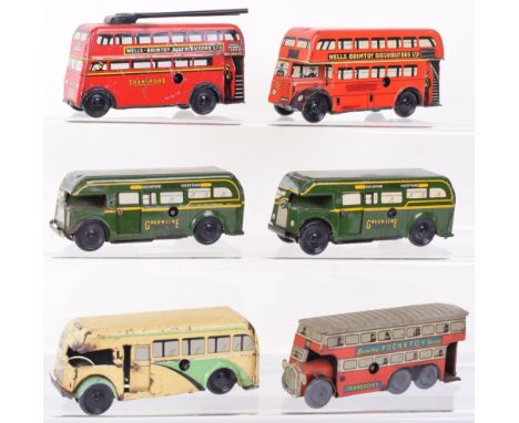 Six Wells and Brimtoy tinplate pocketoy buses, Trolley bus red 516, Transport red double decker, two single decker Green Line