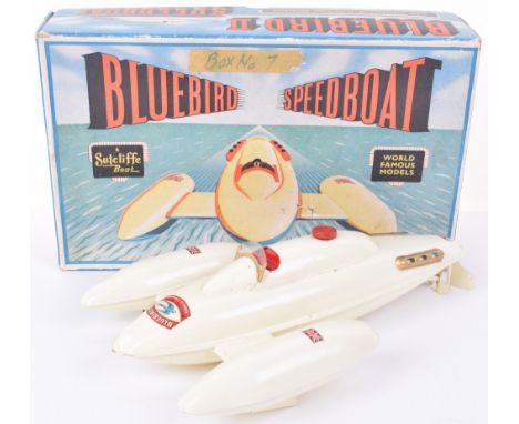 Sutcliffe Bluebird II Speedboat, circa 1958, cream body, windscreen, Union Jack-“Bluebird” decals, missing key, clockwork mec