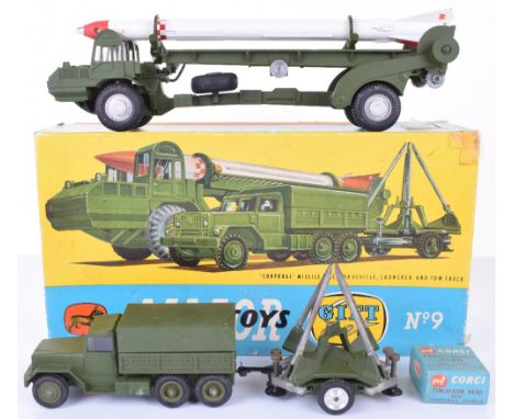 Scarce Corgi Major Toys Gift Set No 9 Corporal Missile Erector Vehicle, Launcher and International 6x6 Army Truck, models are