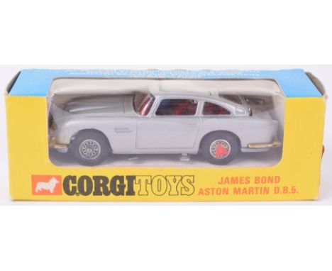 Corgi Toys 270 James Bond Aston Martin, silver with tyre slashers, revolving number plates, rear bullet screen, retractable m