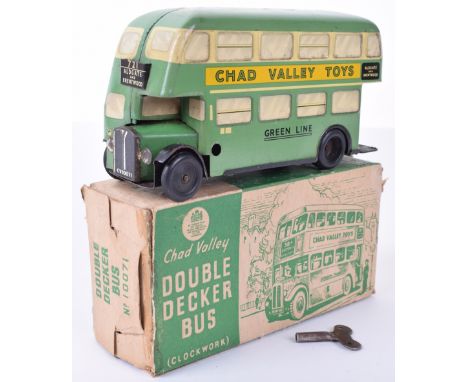 Boxed Chad Valley tinplate c/w Green Line Double Decker bus 721, green with tin printed Aldgate and Brentwood destinations an