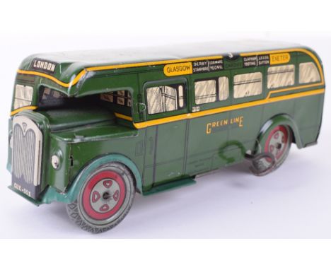 Brimtoy tinplate c/w Green Line Single Decker bus, green, tin printed details, London to front and rear and other destination