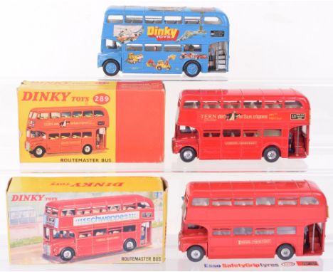 Three 289 Dinky Routemaster buses including possible promotional, 289 possible promotional Routemasster bus finished in blue 