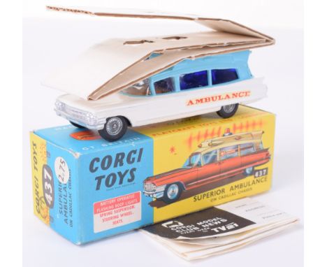 Corgi Toys 437 Superior Ambulance on Cadillac Chassis, light blue/white body, red cross to bonnet, cast wheel hubs, in mint o