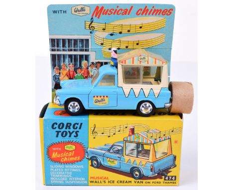 Corgi Toys 474 Musical Walls Ice Cream Van on Ford Thames, blue/cream body, spun wheel hubs working musical chimes illustrate