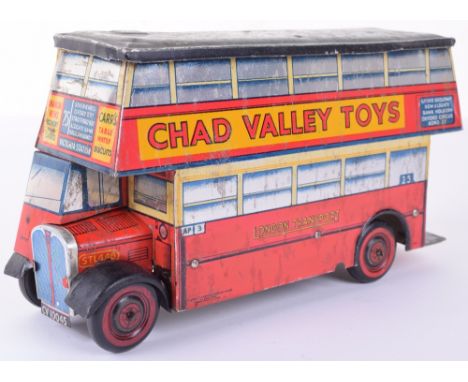 Chad Valley for Carr’s biscuits tinplate c/w London Transport Double Decker bus, red with grey detachable roof, tin printed S