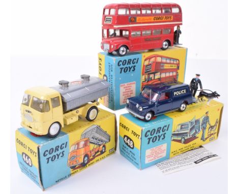 Three Boxed Corgi Toys, 448 B.M.C. Mini Police Van with Tracker Dog, dark blue body, red interior, spun wheel hubs, dog handl