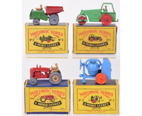  Four boxed Matchbox Moko Lesney models, 2b Muir Hill Site dumper, green body, red dumper, MW, 3a Cement mixer, light blue, o