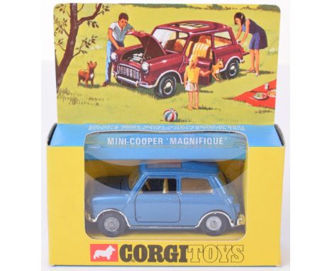 Corgi Toys 334 Mini Cooper ‘Magnifique’ metallic blue body, sunshine roof, cast wheels, cream interior, in mint original cond
