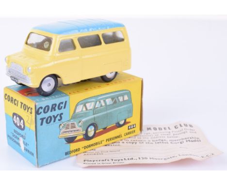 Corgi Toys 404 Bedford Dormobile Personnel Carrier, yellow body, pale blue roof, flat spun wheels, in excellent condition, wi