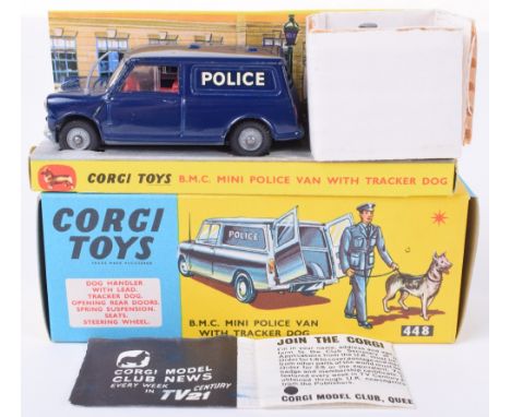 Corgi Toys 448 B.M.C. Mini Police Van with Tracker Dog, dark blue body, red interior, cast wheel hubs, dog handler with lead 