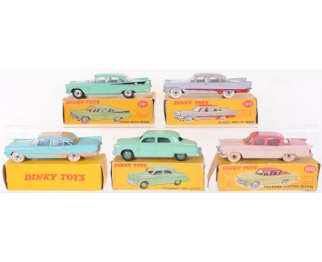 Dinky Toys five boxed America Cars, 172 Studebaker Land cruiser light green, mid-green hubs, good condition, box with correct