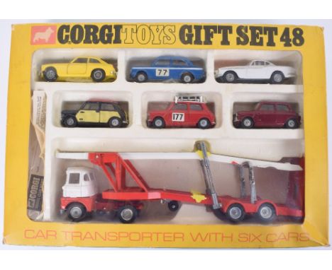 Scarce Corgi Toys Car Transporter and 6 Cars Gift Set 48, contents: 1148 Scammell Handyman Car Transporter, red/white cab/tra