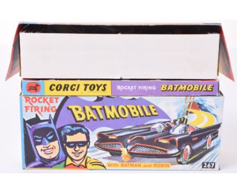 Corgi Toys 267 Rocket Firing Batmobile, gloss black, red bat hubs, blue tinted windscreens, with "Batman & Robin" figures, in