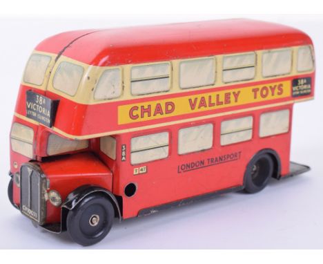 Chad Valley tinplate c/w London Transport Double Decker bus 38A, red with tin printed Victoria, Leyton, Islington destination