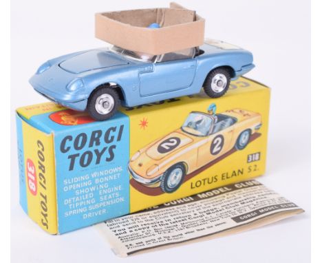 Corgi Toys 318 Lotus Elan S2. metallic blue, driver, spun wheel hubs ‘Ive got a tiger in my tank’ decal on boot, with inner c