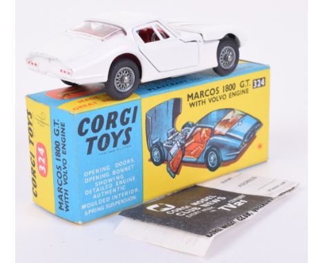 Corgi Toys 324 Marcos 1800 GT with Volvo Engine, white body, two green stripes on bonnet, red interior, with driver, spoked w