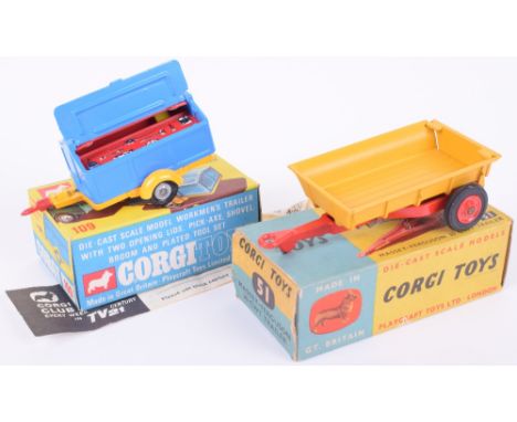 Corgi Toys 109 Pennyburn Workmen’s Trailer, blue body, yellow chassis, cast wheel hubs, complete with pick-axe, shovel, and b