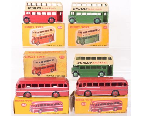 Boxed Dinky Buses, 290 Double decker bus, red/cream, Dunlop advertising, 282 Leyland Royal Tiger coach, maroon, both good to 