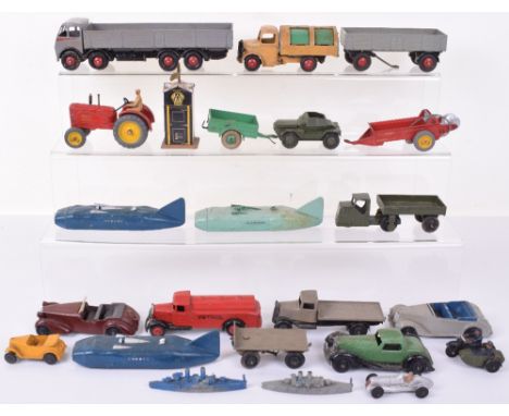 Dinky Toys early post-war vehicles, including 25d Petrol tank wagon, moulded chassis red with red hubs, generally good condit